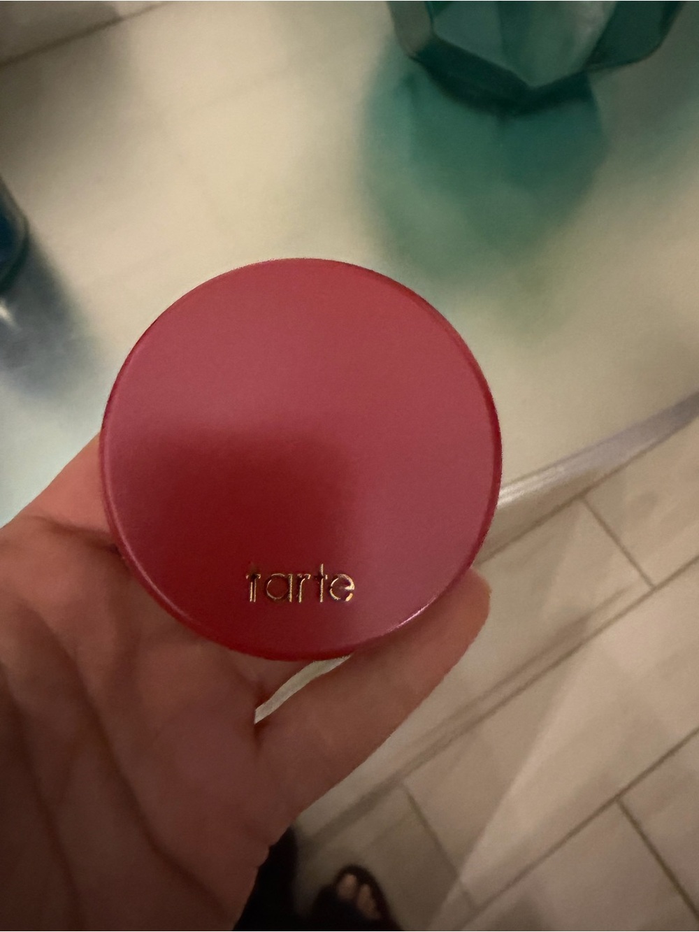tarte pink compact blush with gold text